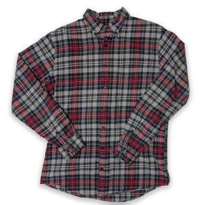 Lands' End Flannel Red Grey Plaid Shirt Button-Down Collar Men's Size M Tall